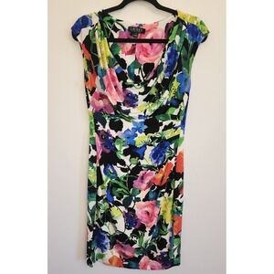 Lauren Ralph Lauren Womens Floral Cowl Neck Draped Dress Sz 10 Cap Sleeve Ruched